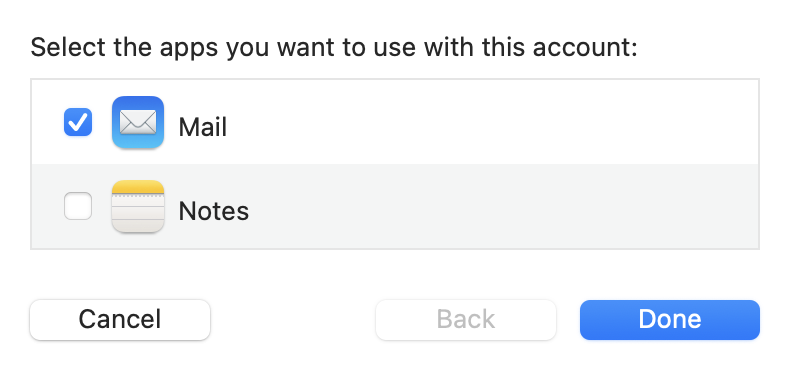 Account Apps with Mail checked